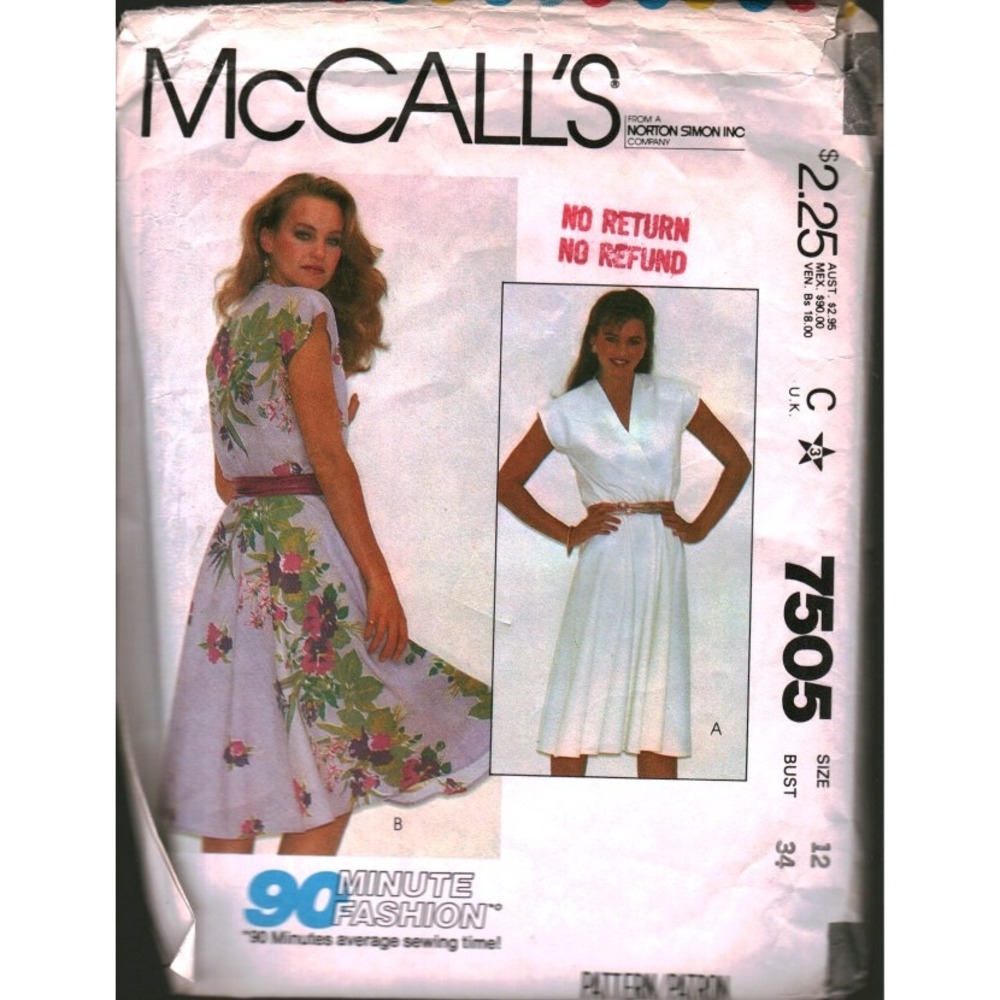 Vintage McCalls 7505 Sewing Pattern 1981 Misses Junior Petite Dress Size 12 B 34